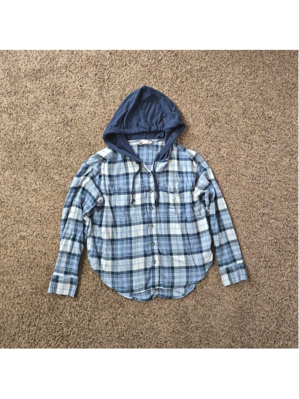 Women's SO Blue White Plaid Flannel Hoodie M